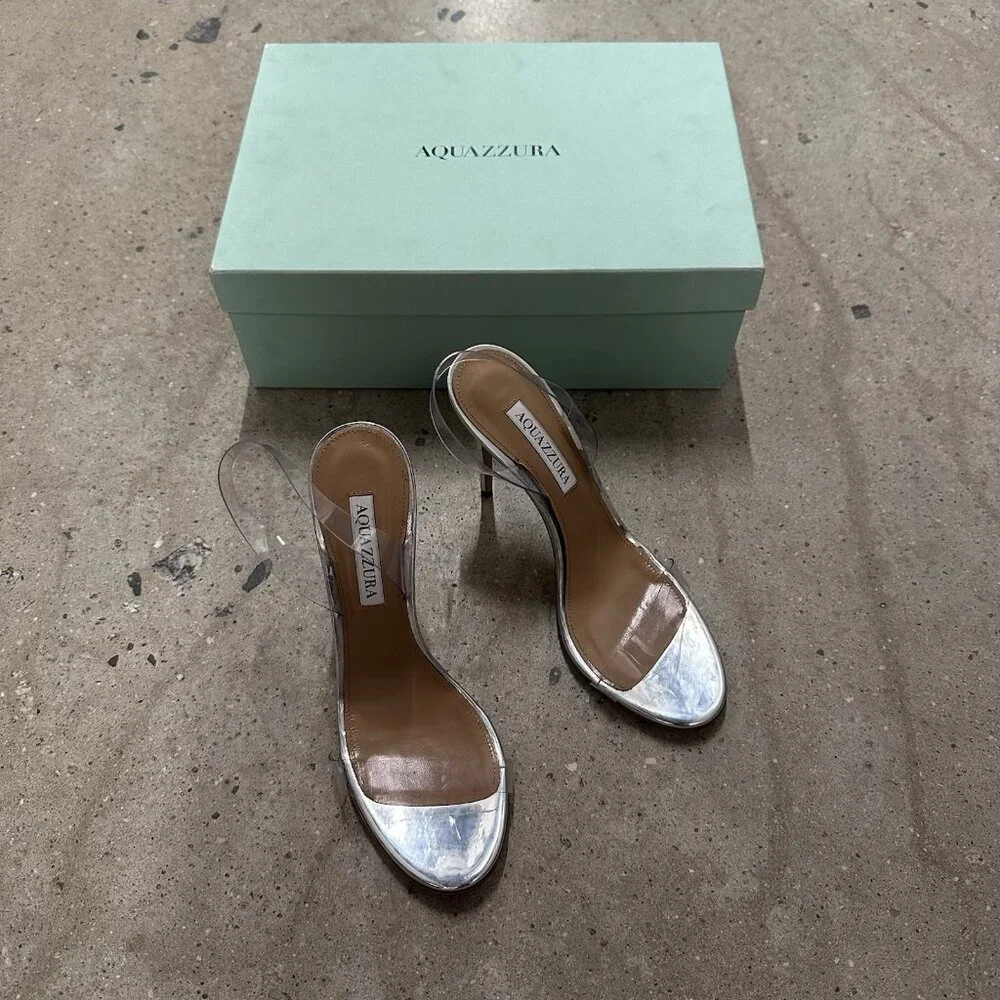 Aquazzura So Nude Plexi 105 Sandals Heels Silver - Picture 2 of 9